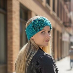 Headband Earwarmer Hand Crafted Teal Blue Floral Knit Crochet Boho